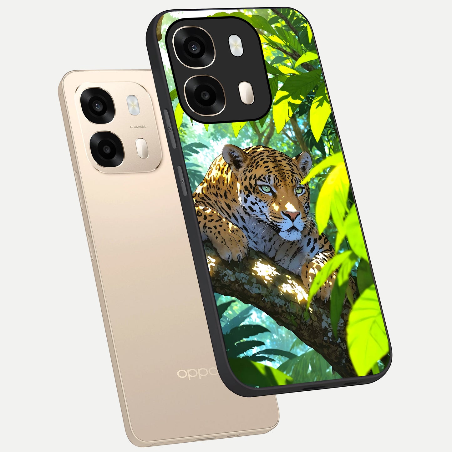  Leopard in Jungle phone case For Oppo A6  showing premium glass back cover with detailed artwork