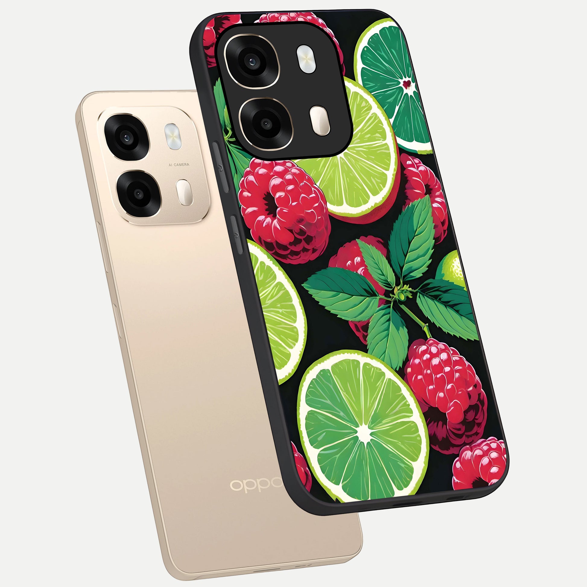 Lime and Raspberry Pattern phone case For Oppo A6  showing premium glass back cover with detailed artwork
