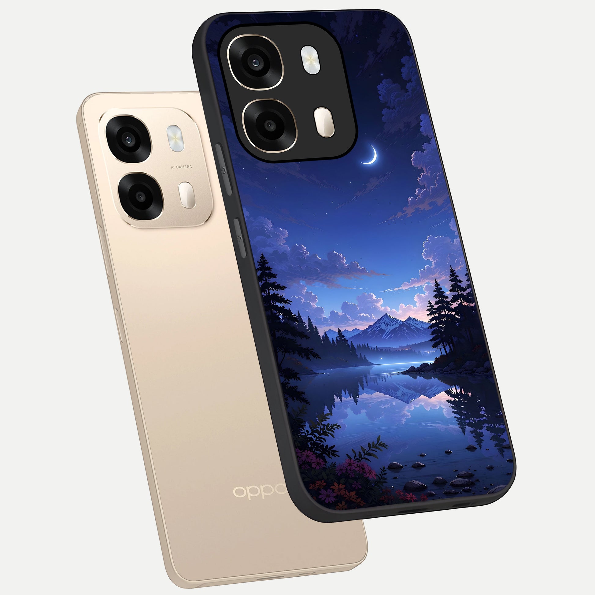  Midnight Lake Peace phone case For Oppo A6  showing premium glass back cover with detailed artwork