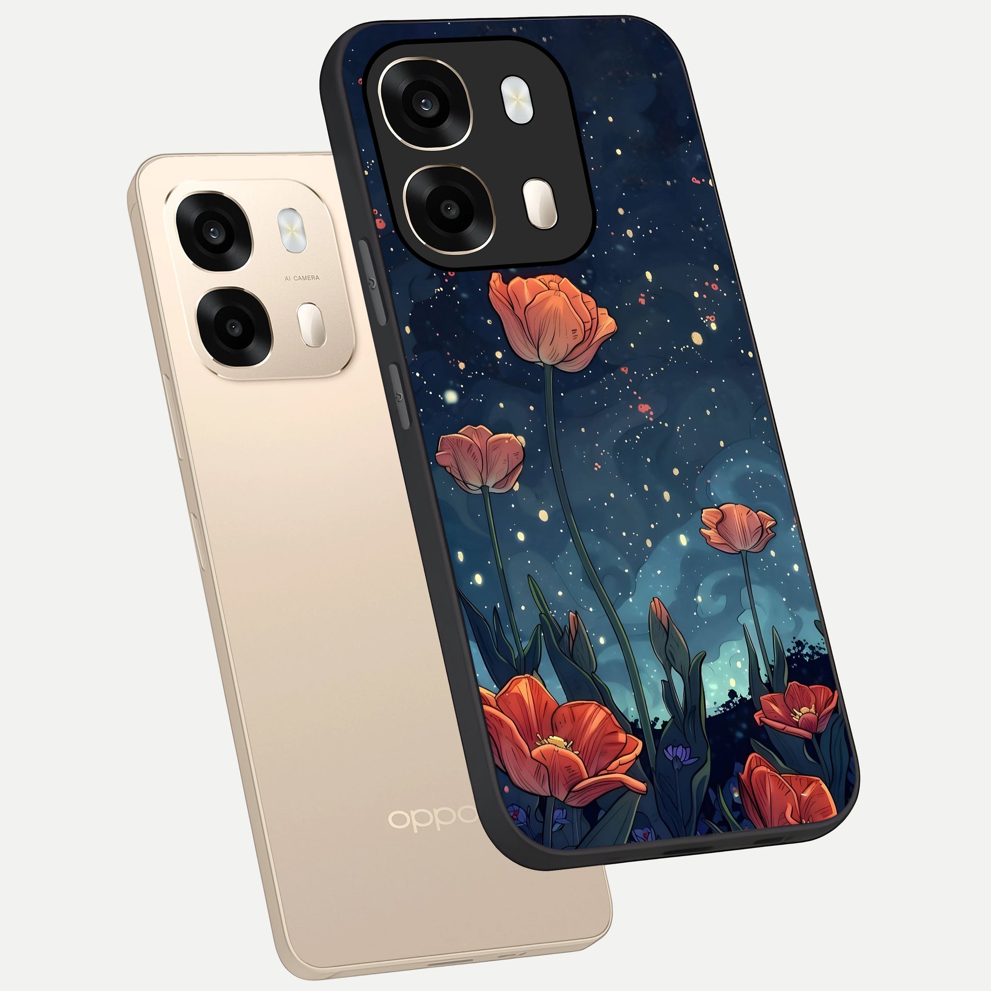  Midnight Tulip Glow phone case For Oppo A6  showing premium glass back cover with detailed artwork