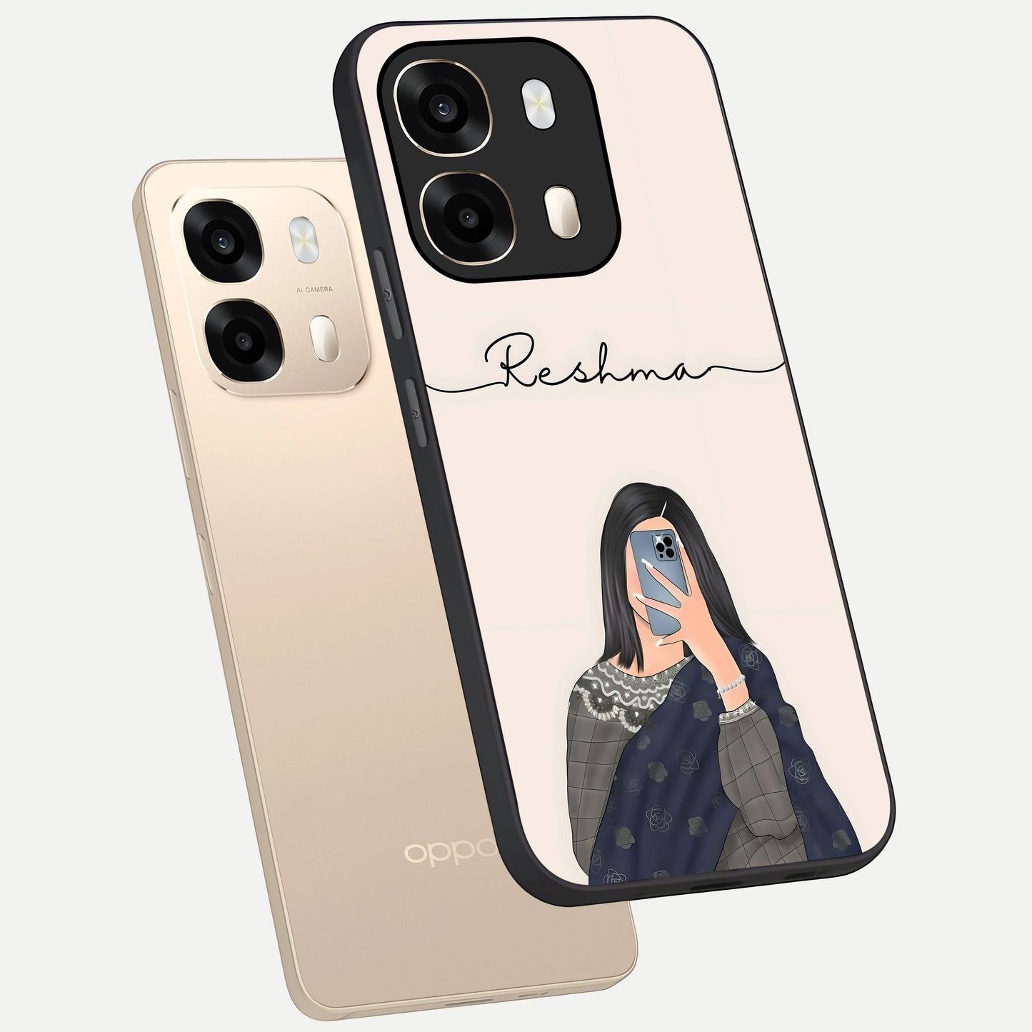  Mirror Mood Muse With Custom Name phone case For Oppo A6  showing premium glass back cover with detailed artwork