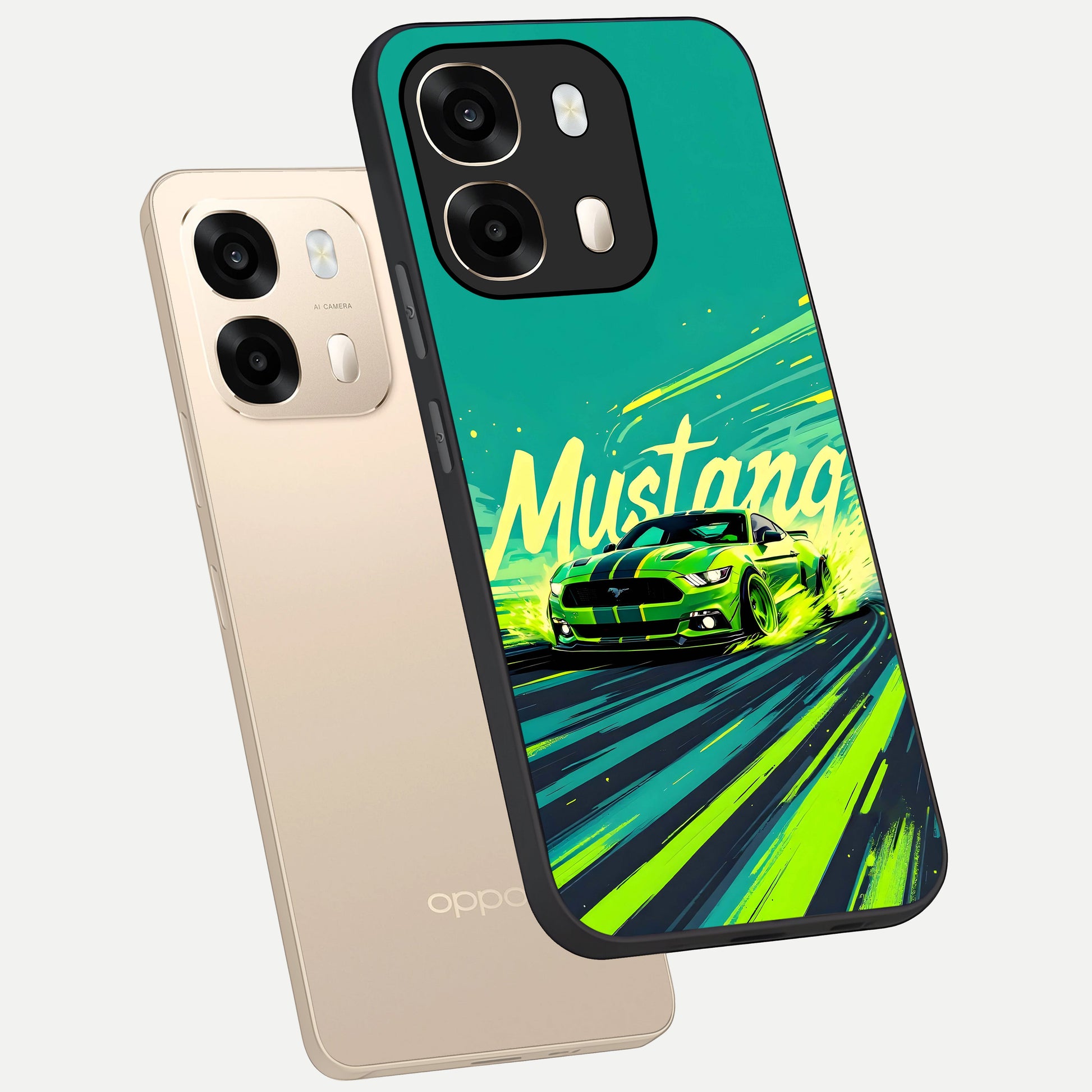  Mustang Bang phone case For Oppo A6  showing premium glass back cover with detailed artwork