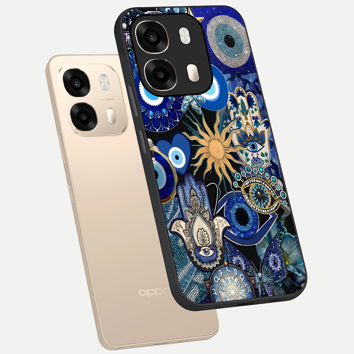  Mystic Blue Evil Eye phone case For Oppo A6  showing premium glass back cover with detailed artwork