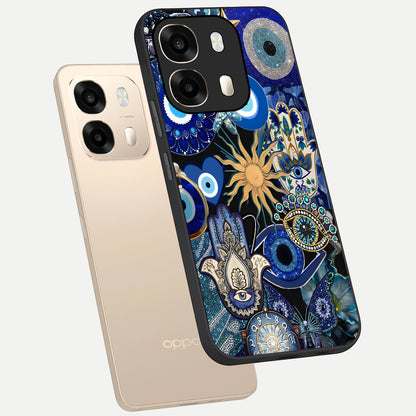  Mystic Blue Evil Eye phone case For Oppo A6  showing premium glass back cover with detailed artwork