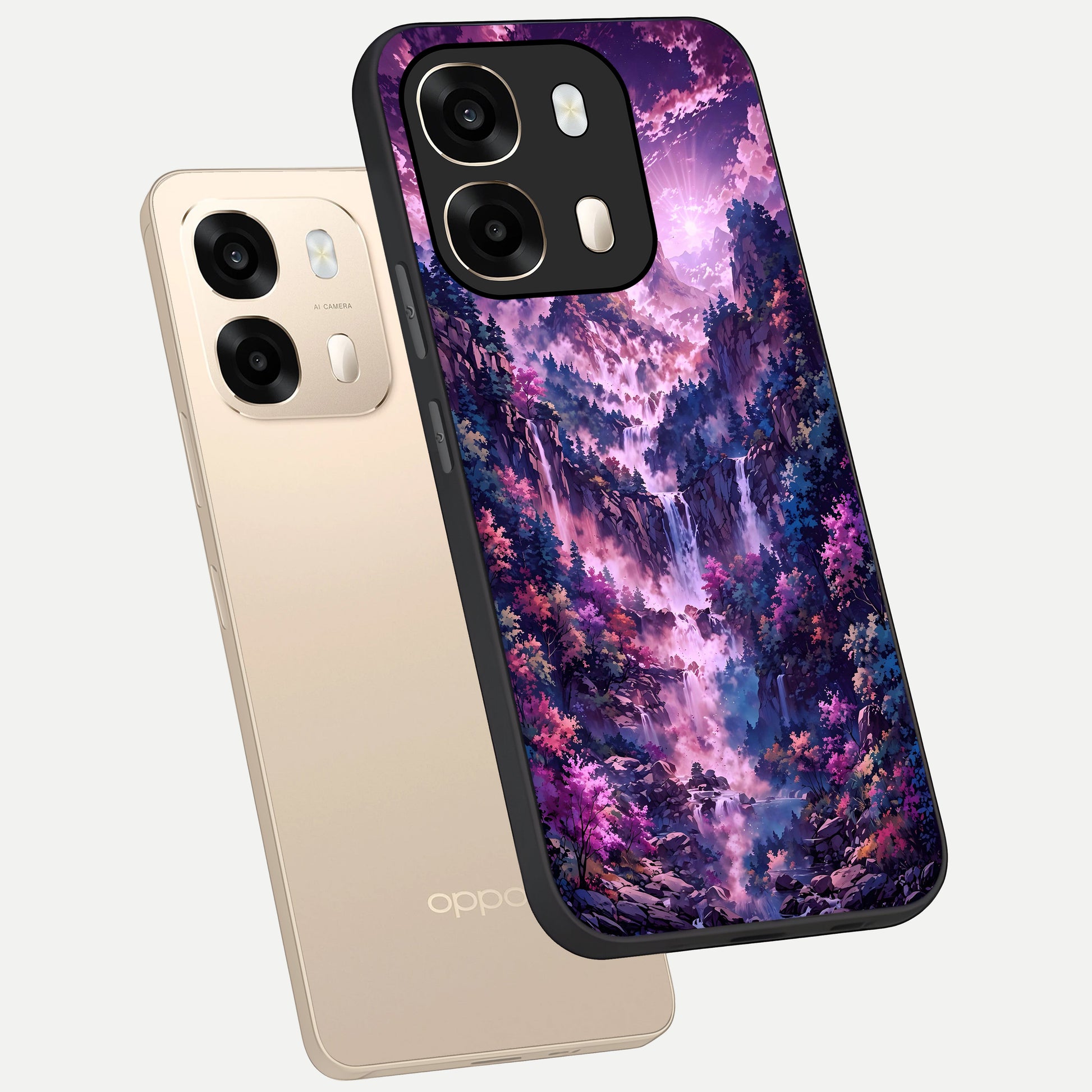  Mystic Cascade Peaks phone case For Oppo A6  showing premium glass back cover with detailed artwork