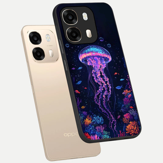  Neon Jellyfish phone case For Oppo A6  showing premium glass back cover with detailed artwork