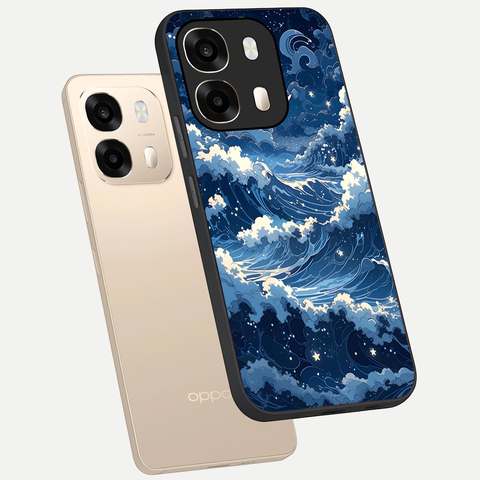  Ocean Moon Waves phone case For Oppo A6  showing premium glass back cover with detailed artwork