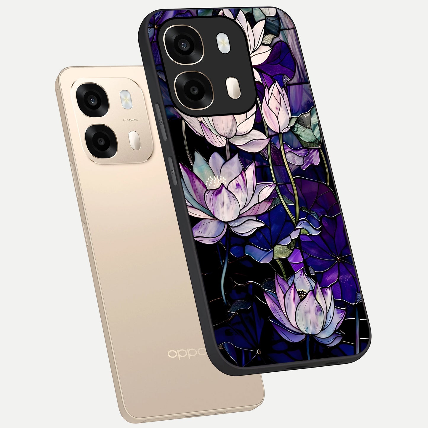  Purple Lotus Pattern phone case For Oppo A6  showing premium glass back cover with detailed artwork