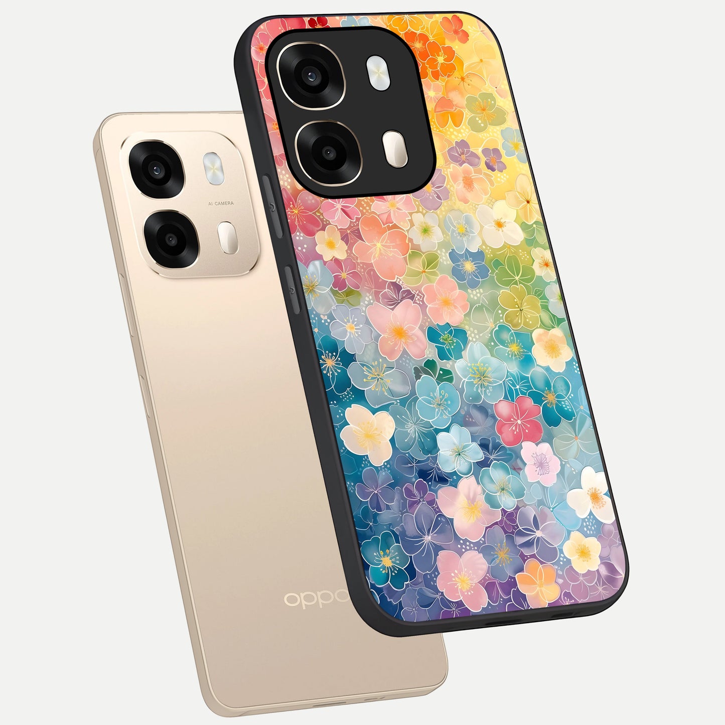 Rainbow Blossom Burst phone case For Oppo A6  showing premium glass back cover with detailed artwork