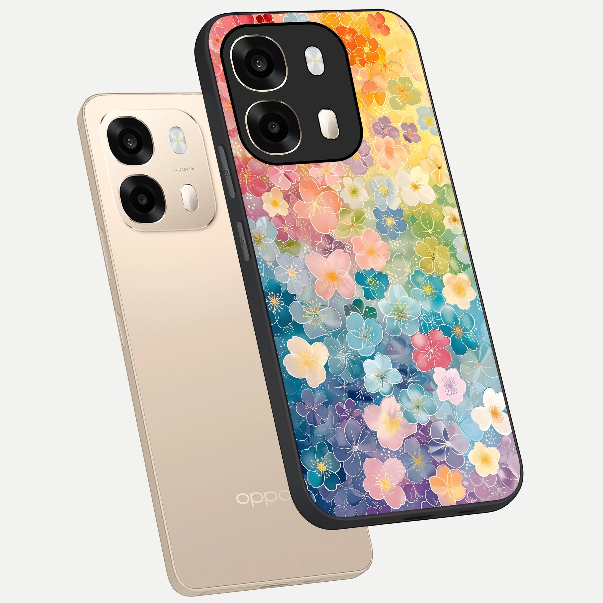  Rainbow Blossom Burst phone case For Oppo A6  showing premium glass back cover with detailed artwork