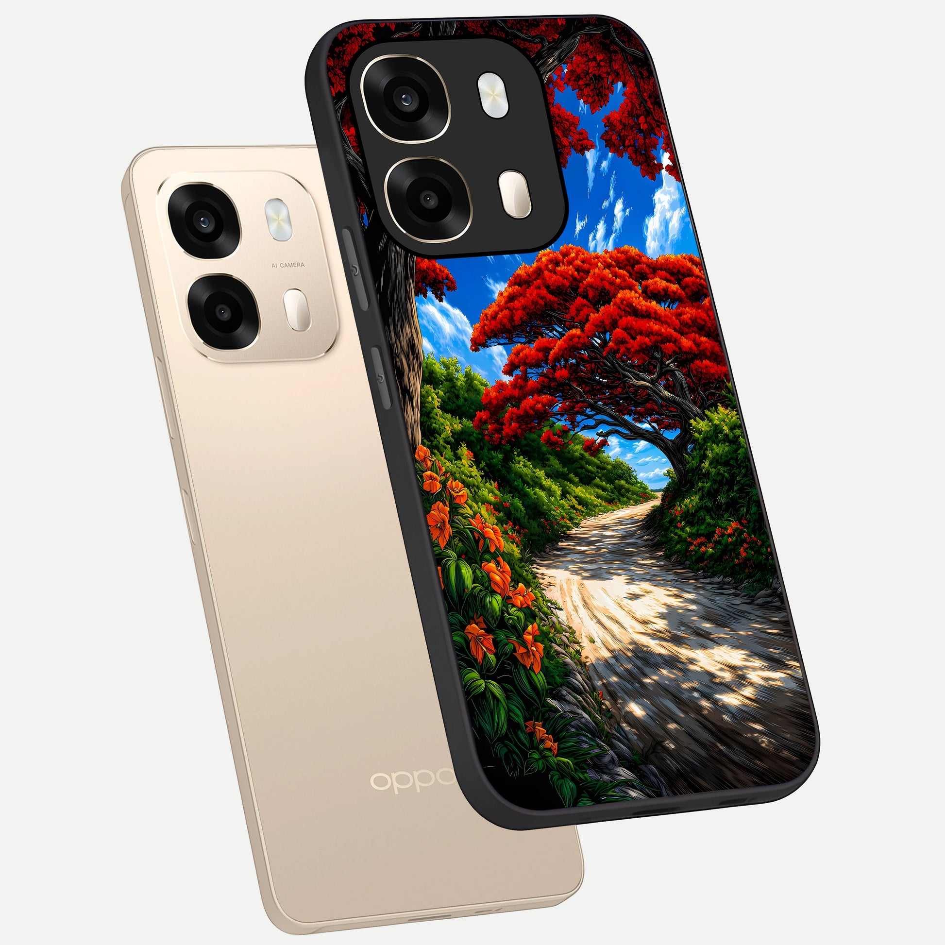  Red Trees Pathway phone case For Oppo A6  showing premium glass back cover with detailed artwork