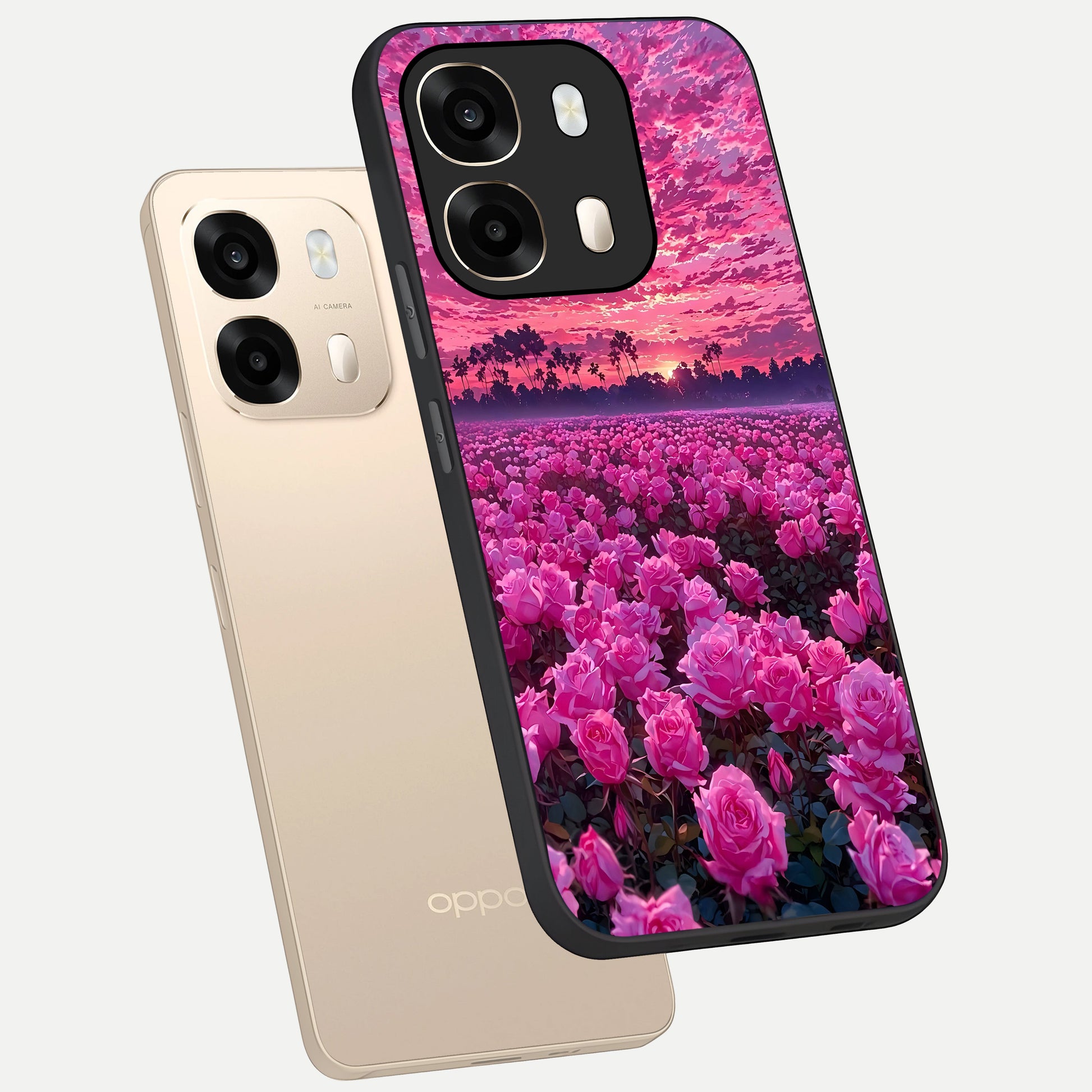  Rose Sunset Valley phone case For Oppo A6  showing premium glass back cover with detailed artwork