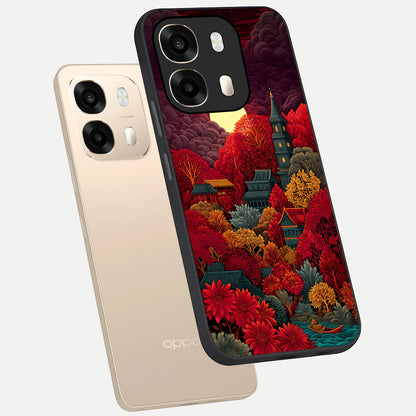  Scarlet Autumn Temple phone case For Oppo A6  showing premium glass back cover with detailed artwork