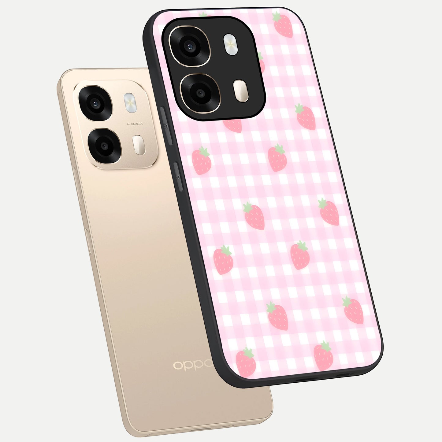  Strawberry Picnic Love phone case For Oppo A6  showing premium glass back cover with detailed artwork