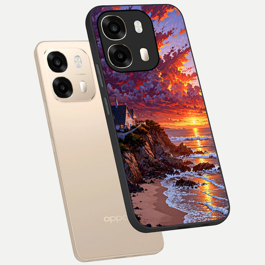  Sunset House By Sea phone case For Oppo A6  showing premium glass back cover with detailed artwork