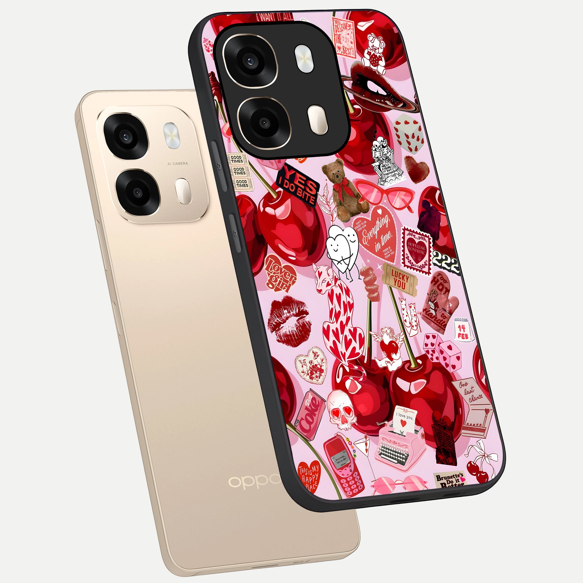  Sweet Cherry Chaos phone case For Oppo A6  showing premium glass back cover with detailed artwork