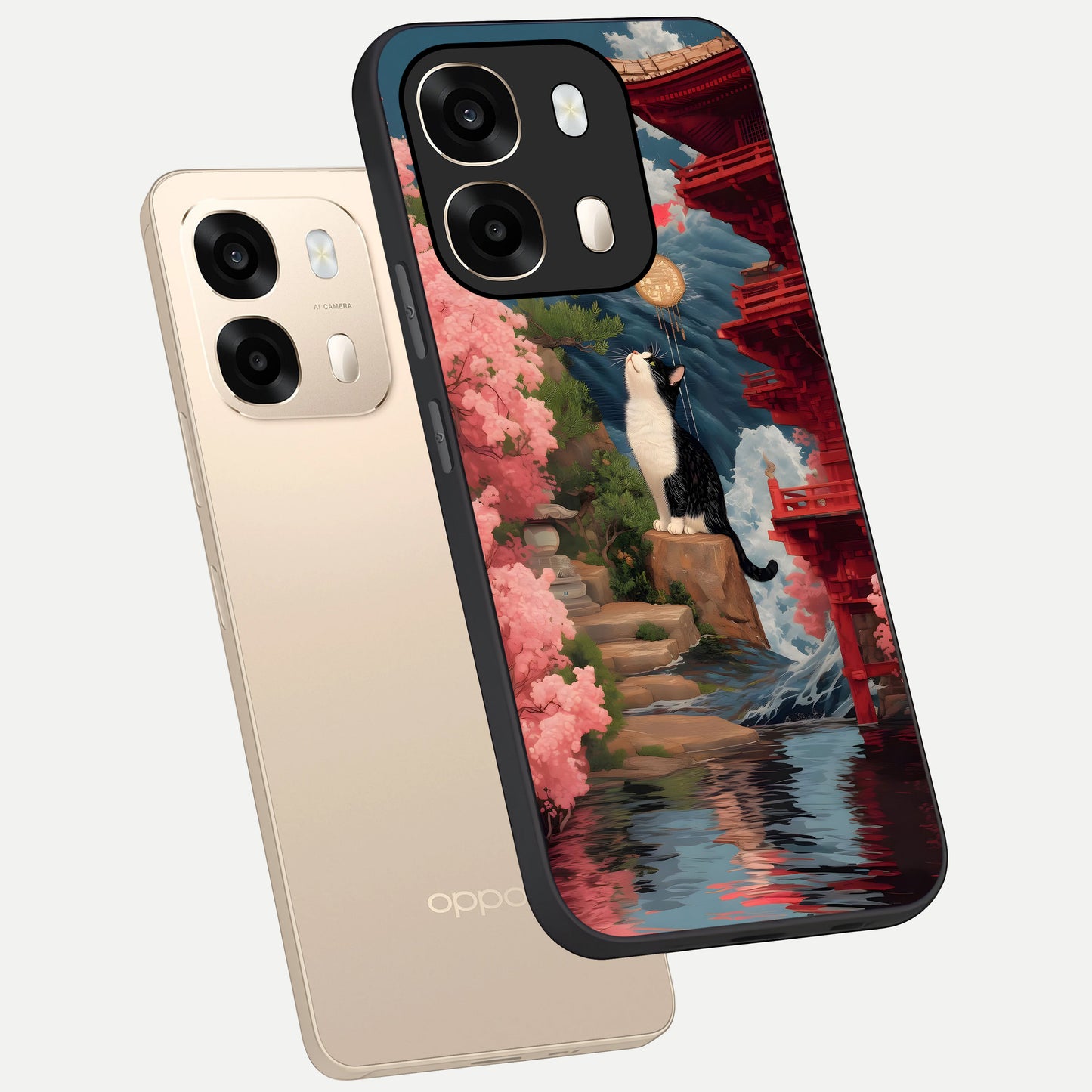  Temple Cat Scenery phone case For Oppo A6  showing premium glass back cover with detailed artwork