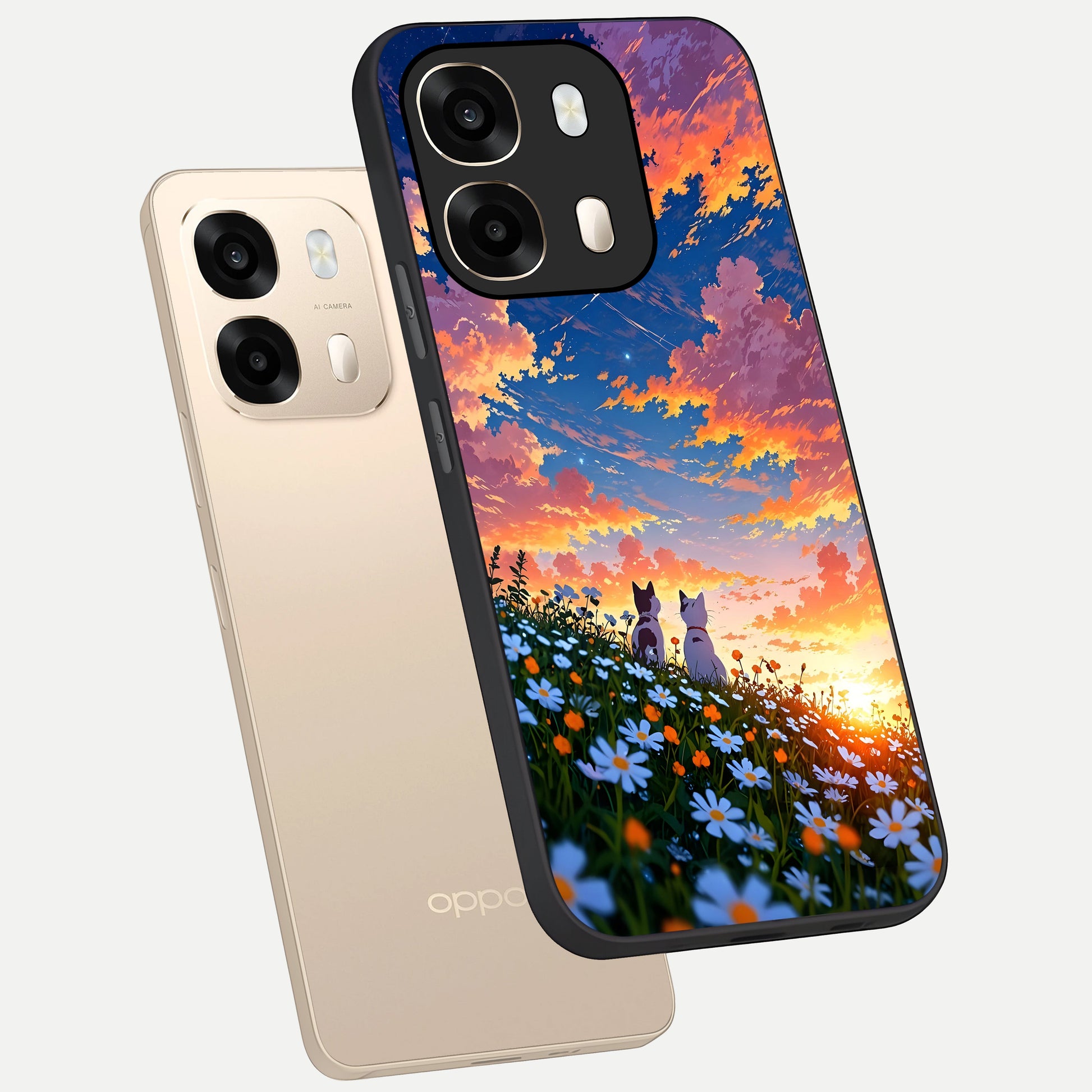  Two Cats Friends phone case For Oppo A6  showing premium glass back cover with detailed artwork