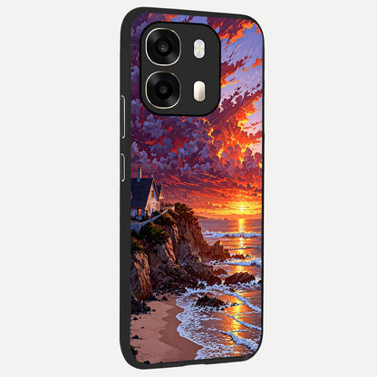  Sunset House By Sea back cover For Oppo A6  slim fit glass case with vibrant aesthetic design