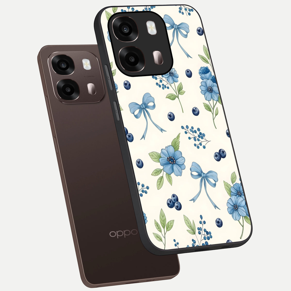  Blue Flower And Bow phone case For Oppo A6 Pro 5G showing premium glass back cover with detailed artwork
