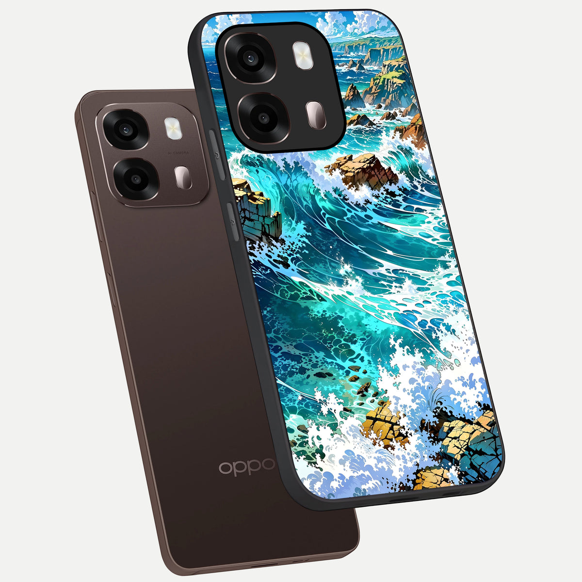  Coastal Blue Waves phone case For Oppo A6 Pro 5G showing premium glass back cover with detailed artwork