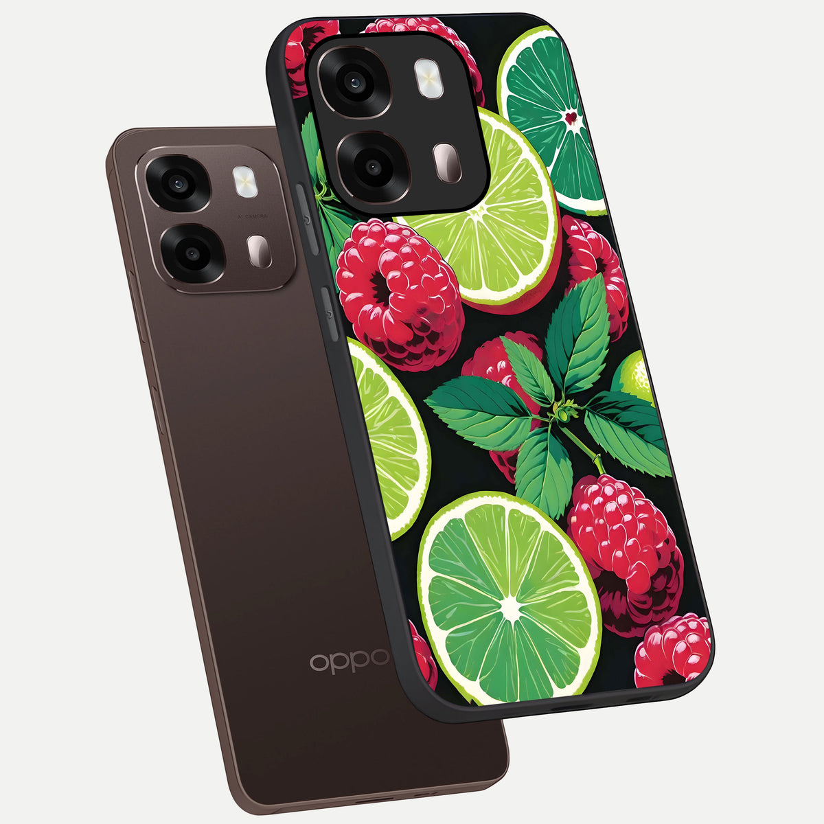  Lime and Raspberry Pattern phone case For Oppo A6 Pro 5G showing premium glass back cover with detailed artwork