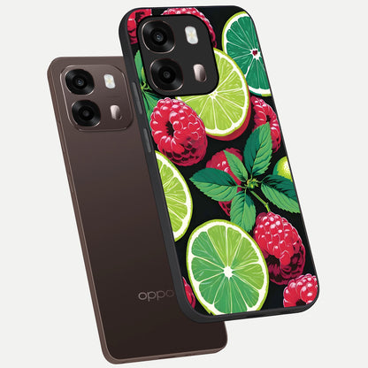  Lime and Raspberry Pattern phone case For Oppo A6 Pro 5G showing premium glass back cover with detailed artwork