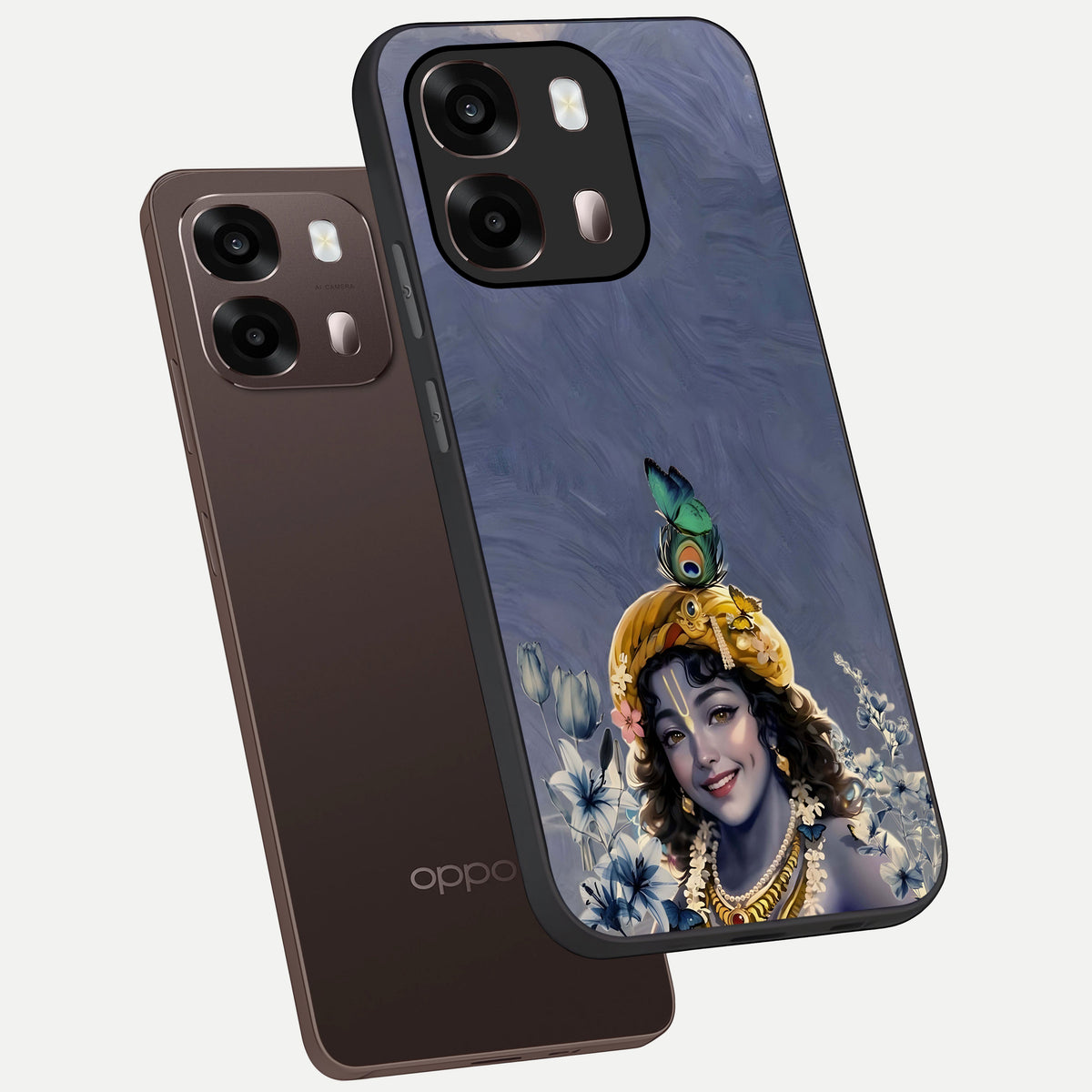  Lord Krishna phone case For Oppo A6 Pro 5G showing premium glass back cover with detailed artwork