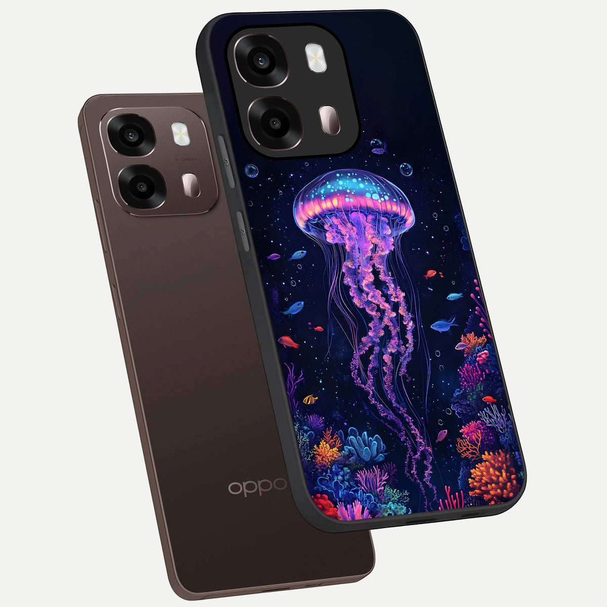  Neon Jellyfish phone case For Oppo A6 Pro 5G showing premium glass back cover with detailed artwork