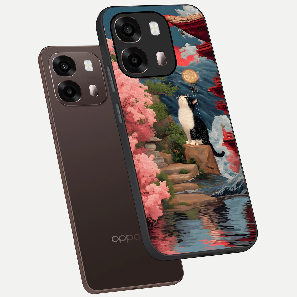  Temple Cat Scenery phone case For Oppo A6 Pro 5G showing premium glass back cover with detailed artwork