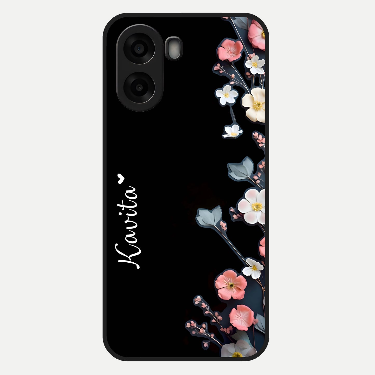 Black Elegance Floral Custom Name Glass Case For Oppo A6s back cover – full design glossy printed glass finish