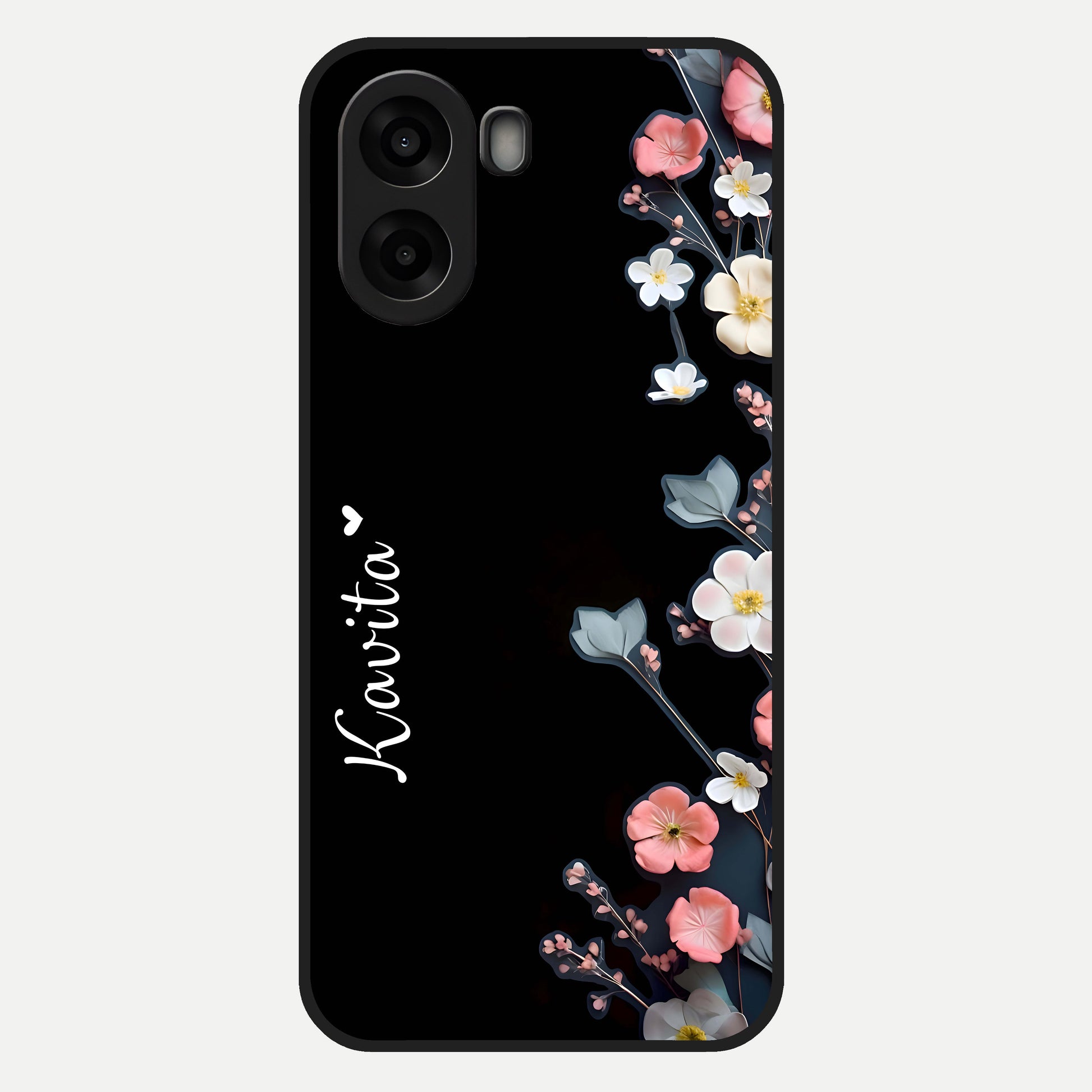 Black Elegance Floral Custom Name Glass Case For Oppo A6s back cover – full design glossy printed glass finish