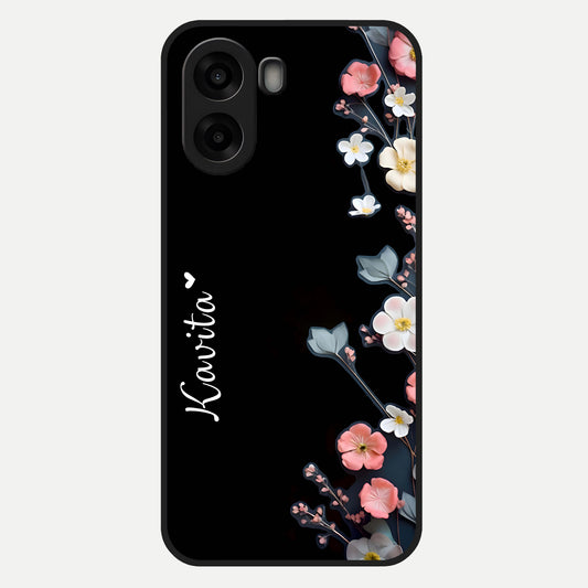 Black Elegance Floral Custom Name Glass Case For Oppo A6s back cover – full design glossy printed glass finish
