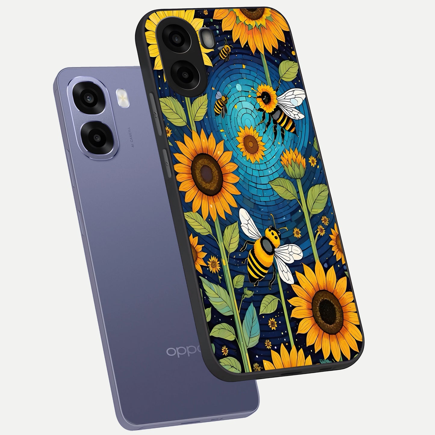  Bees And Sunflowers phone case For Oppo A6s showing premium glass back cover with detailed artwork
