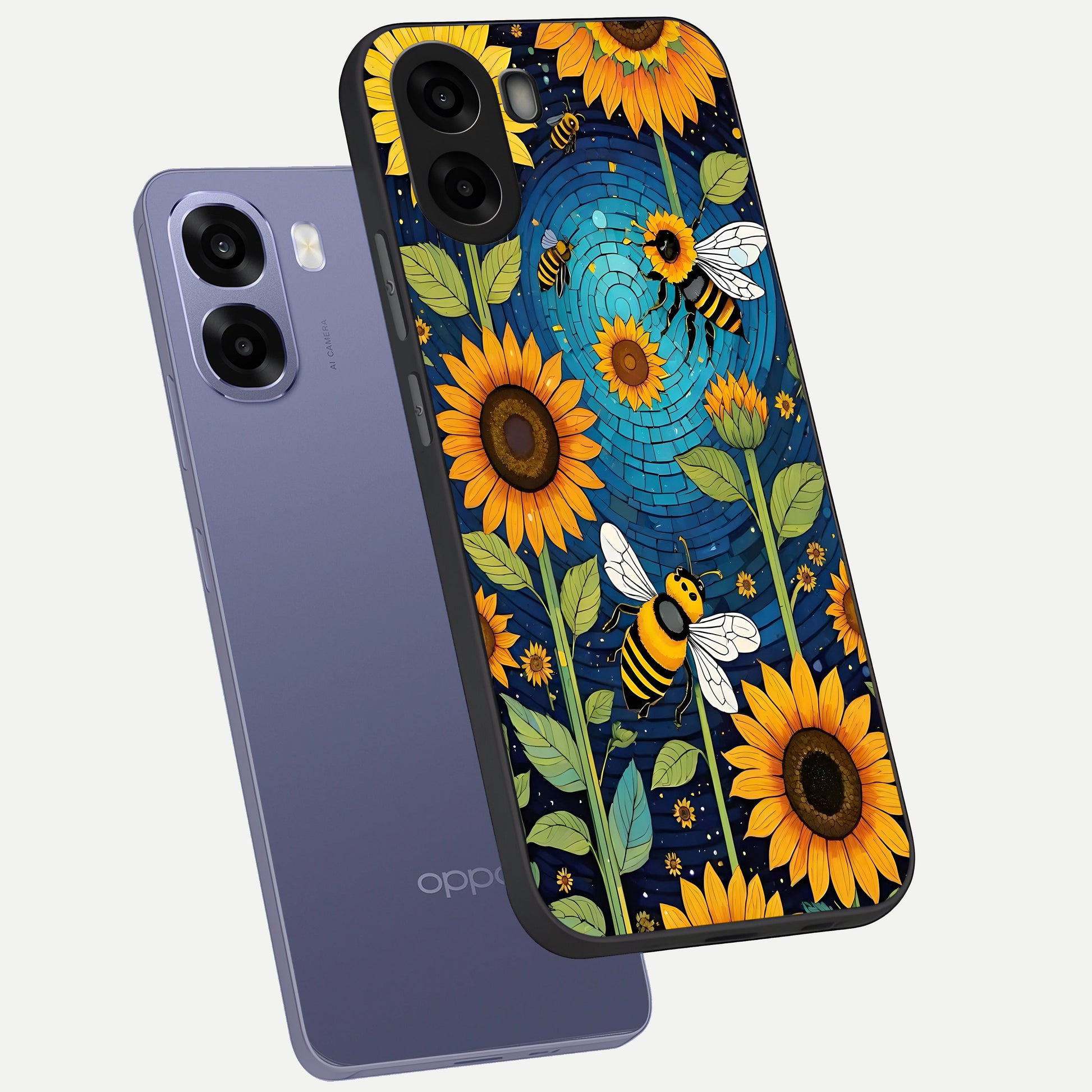  Bees And Sunflowers phone case For Oppo A6s showing premium glass back cover with detailed artwork