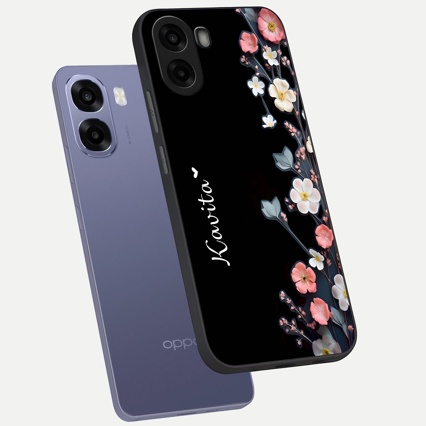  Black Elegance Floral Custom Name phone case For Oppo A6s showing premium glass back cover with detailed artwork
