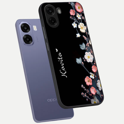  Black Elegance Floral Custom Name phone case For Oppo A6s showing premium glass back cover with detailed artwork