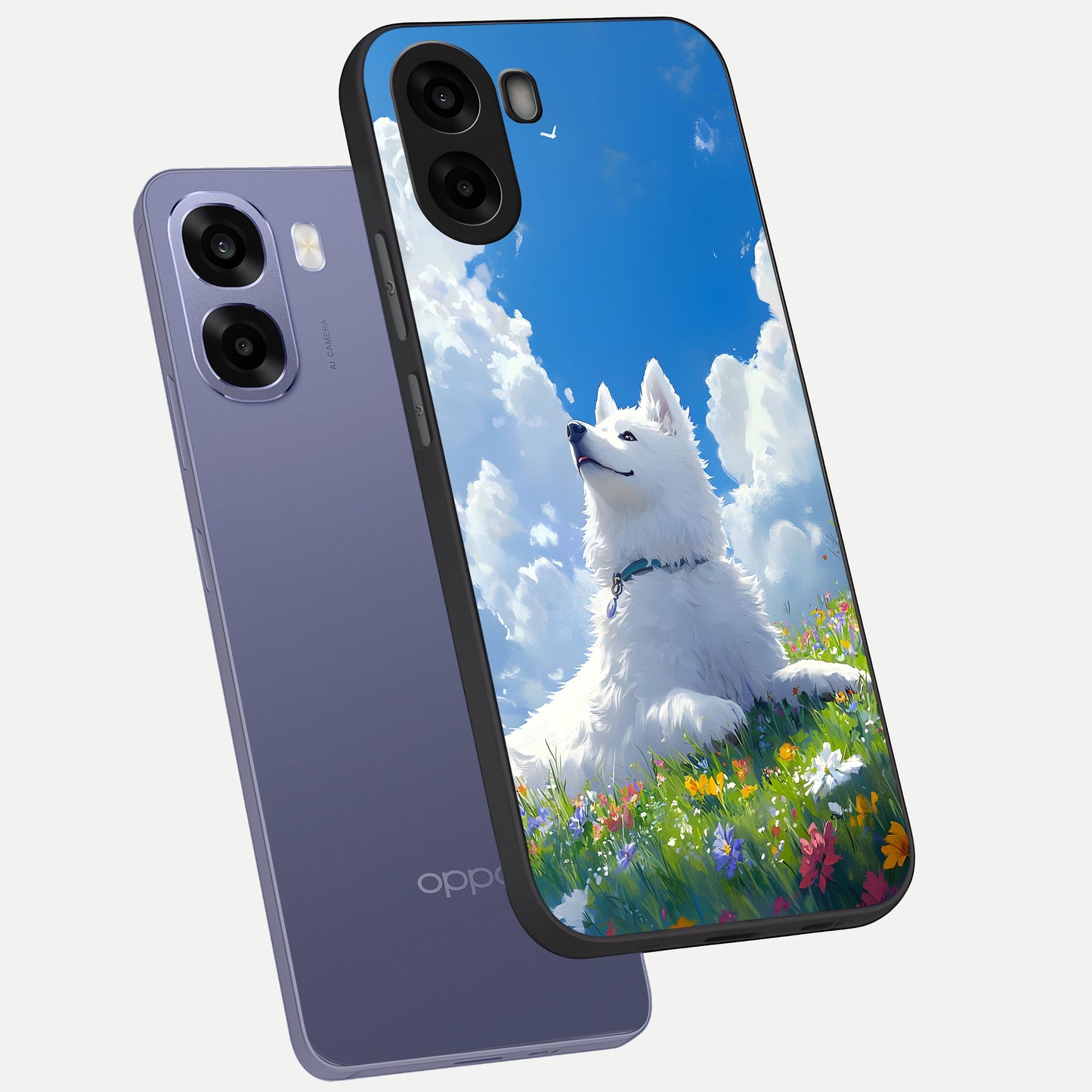  Blissful Cloud Pup phone case For Oppo A6s showing premium glass back cover with detailed artwork