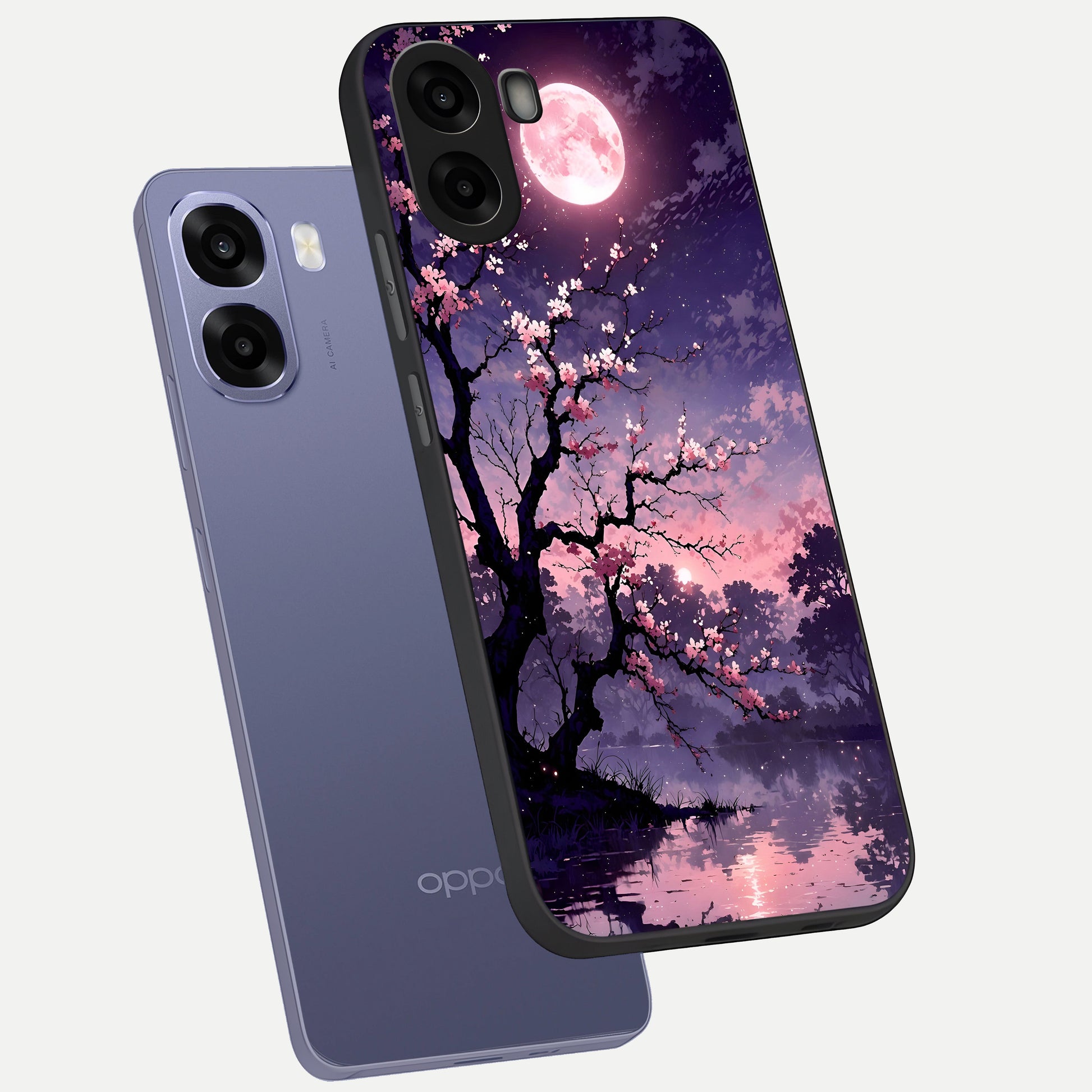  Blossom Pink Moon phone case For Oppo A6s showing premium glass back cover with detailed artwork