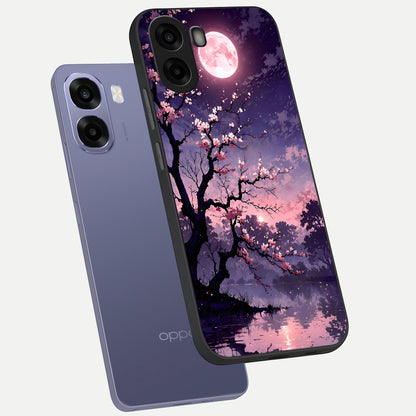  Blossom Pink Moon phone case For Oppo A6s showing premium glass back cover with detailed artwork