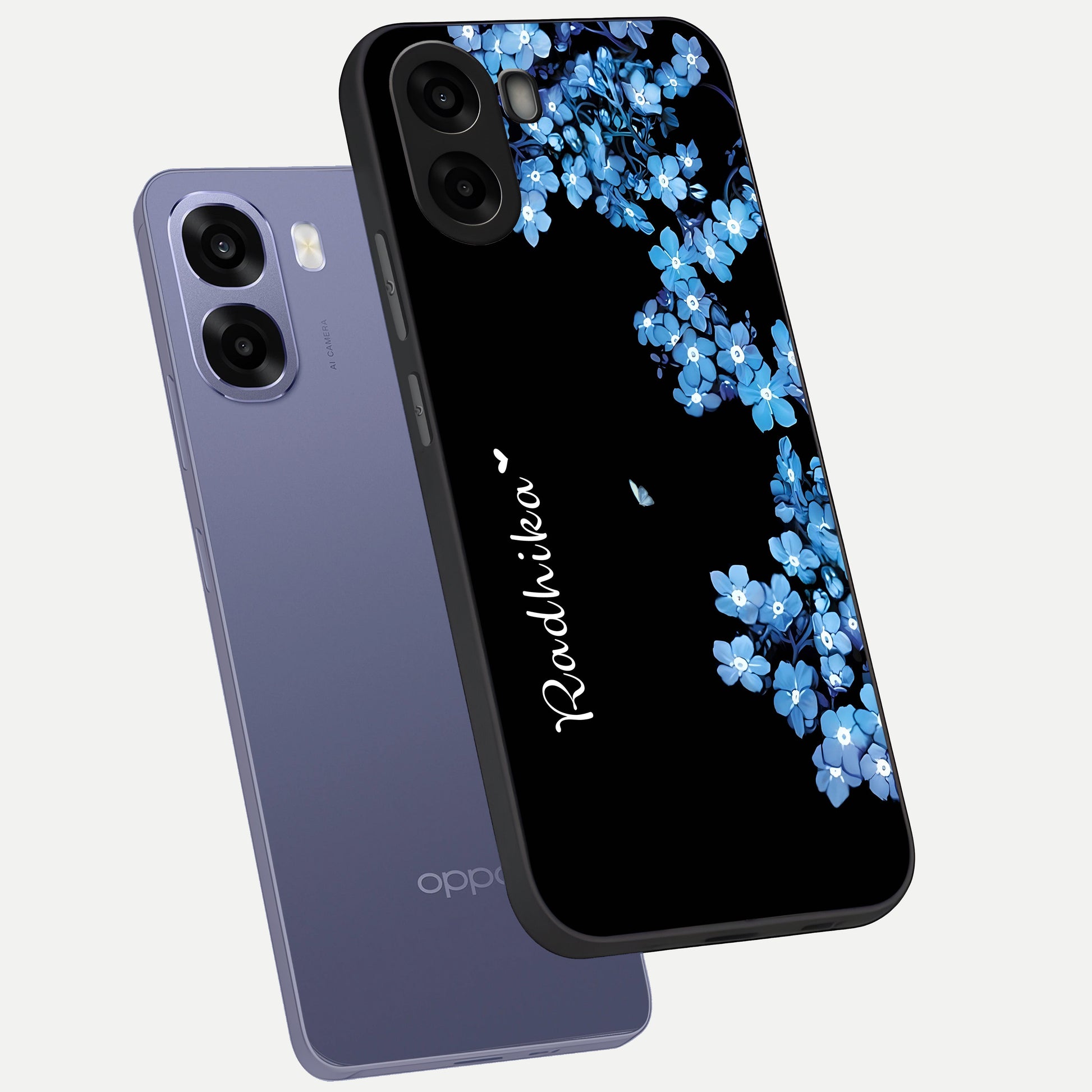  Blue Petal Dream Custom Name phone case For Oppo A6s showing premium glass back cover with detailed artwork