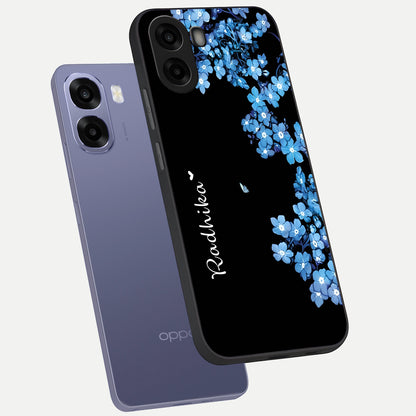 Blue Petal Dream Custom Name phone case For Oppo A6s showing premium glass back cover with detailed artwork