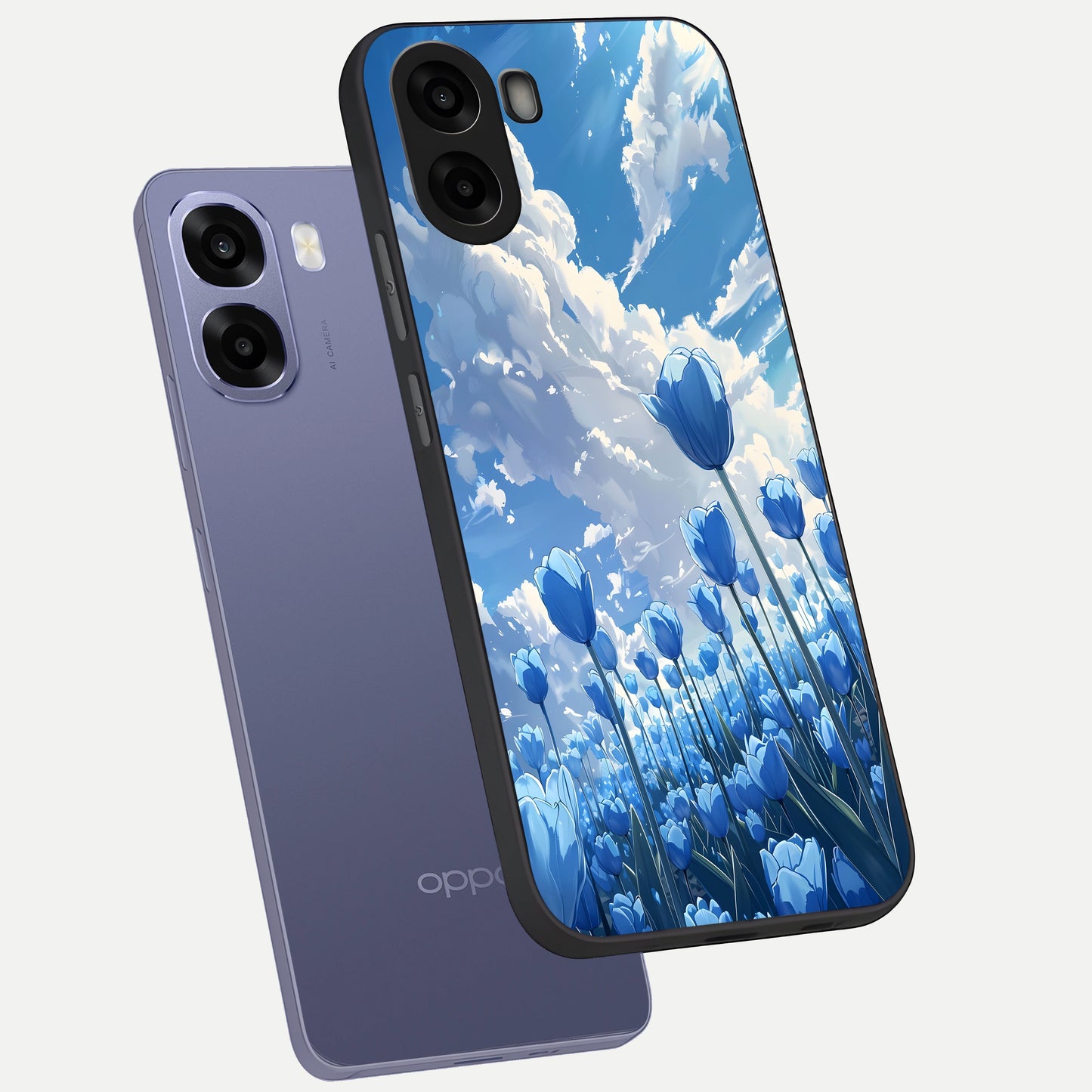  Blue Tulip Clouds phone case For Oppo A6s showing premium glass back cover with detailed artwork