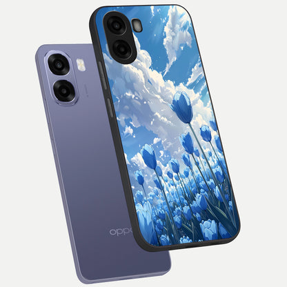  Blue Tulip Clouds phone case For Oppo A6s showing premium glass back cover with detailed artwork