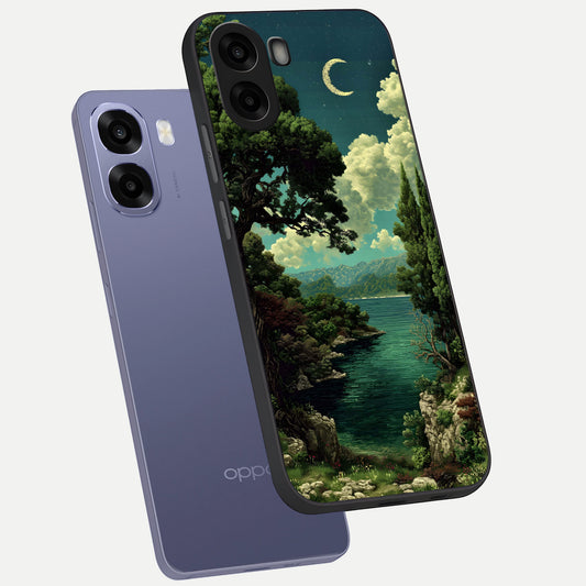  Celestial Lake Peace phone case For Oppo A6s showing premium glass back cover with detailed artwork