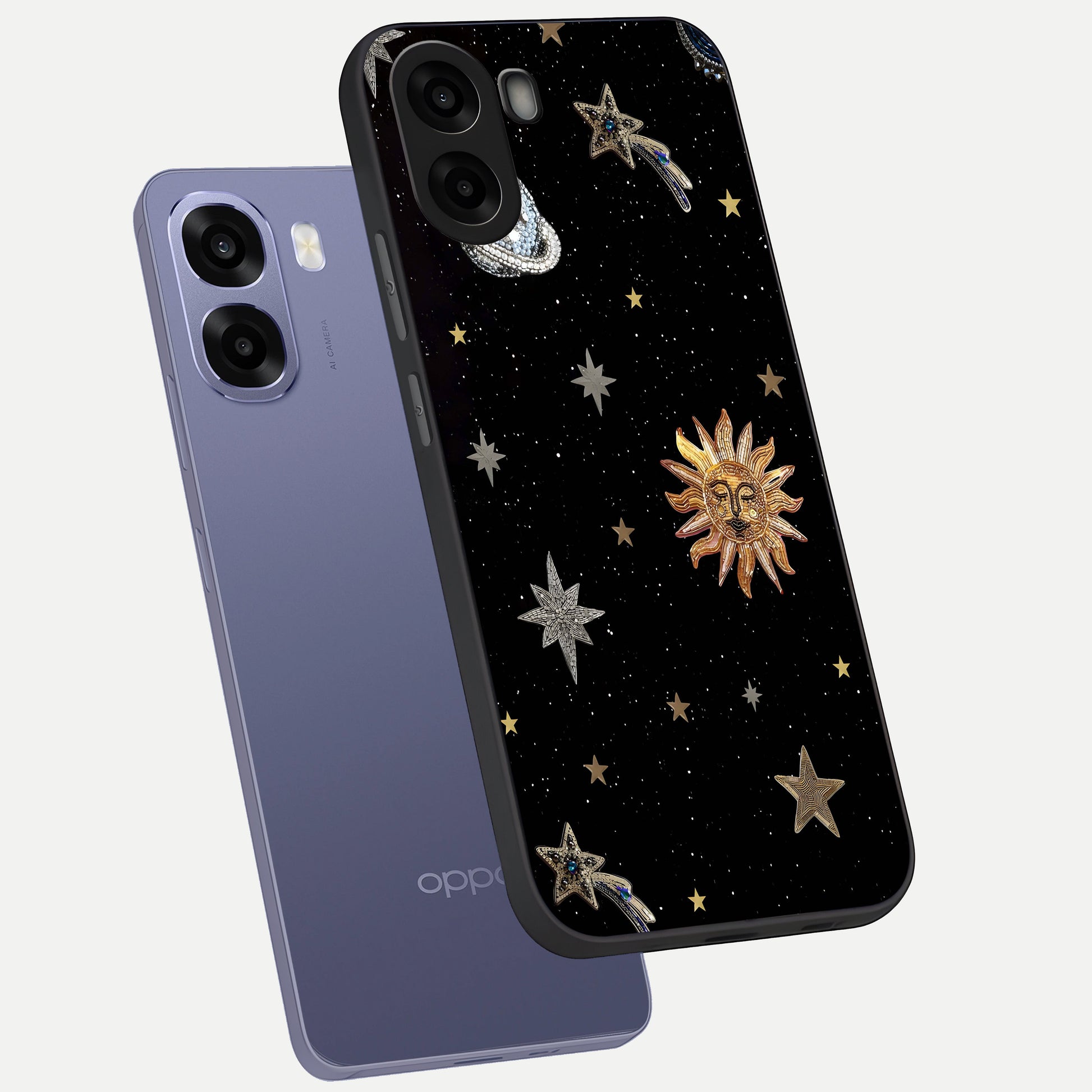 Celestial Moon With Stars phone case For Oppo A6s showing premium glass back cover with detailed artwork