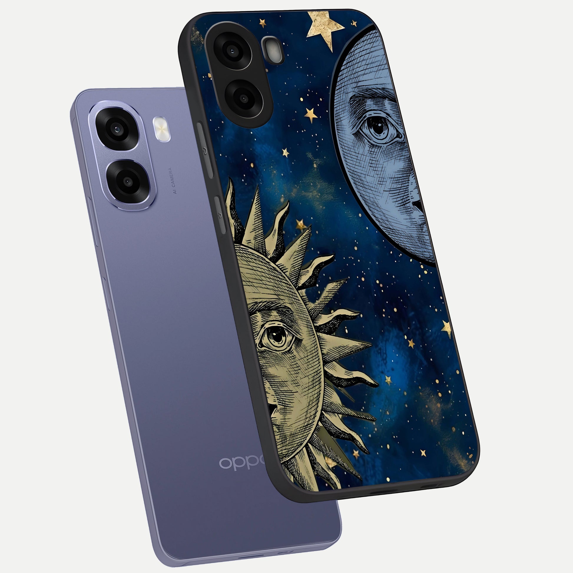  Celestial Moon With Sun phone case For Oppo A6s showing premium glass back cover with detailed artwork