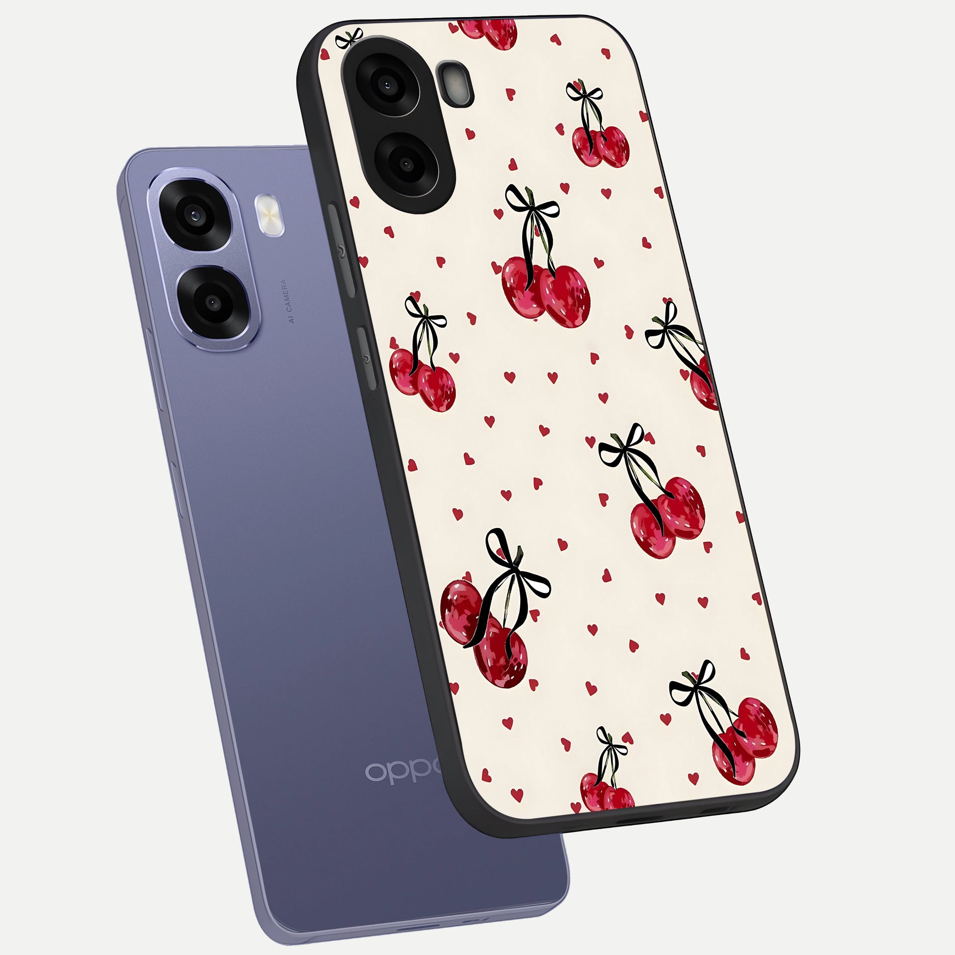  Cherry Heart Bow phone case For Oppo A6s showing premium glass back cover with detailed artwork