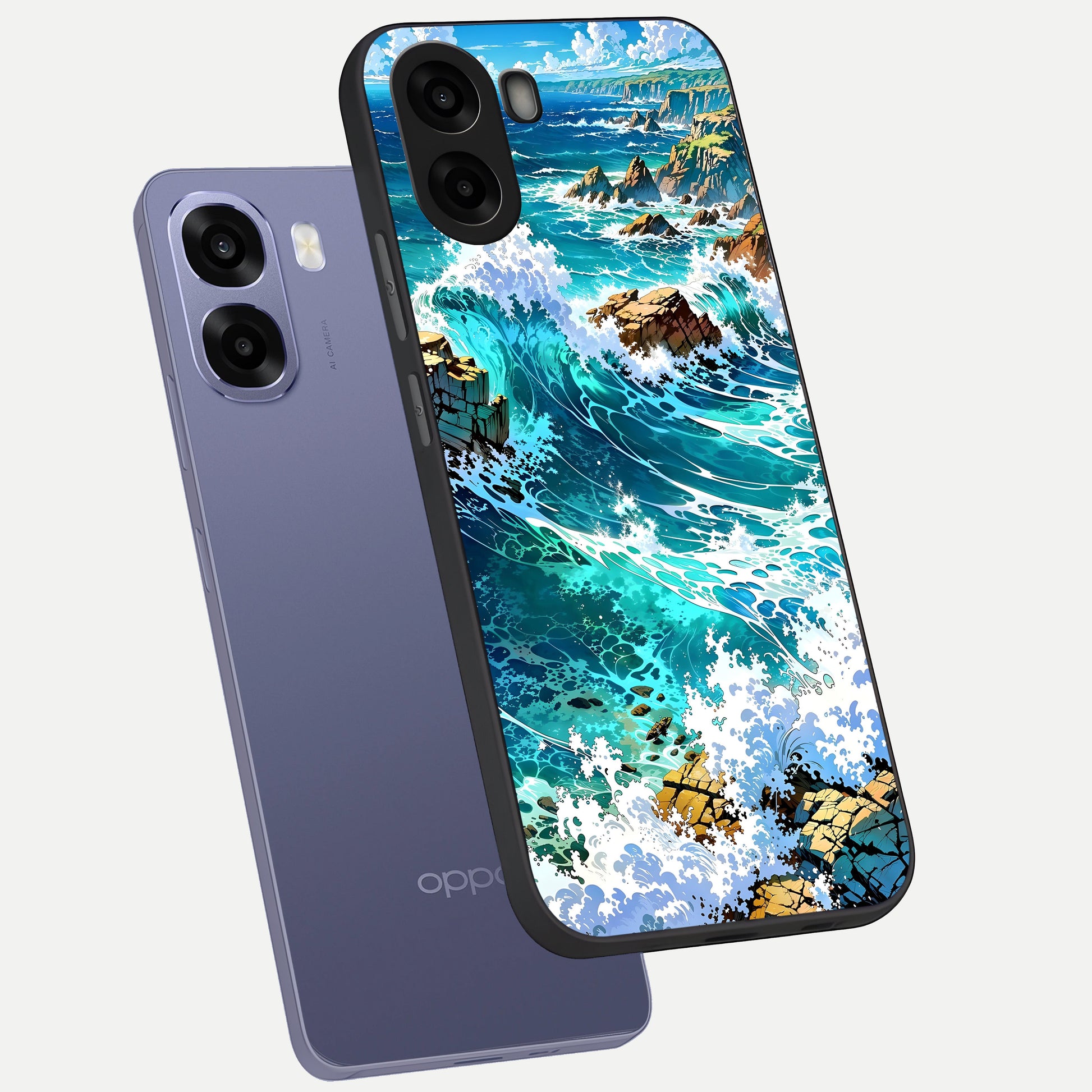  Coastal Blue Waves phone case For Oppo A6s showing premium glass back cover with detailed artwork