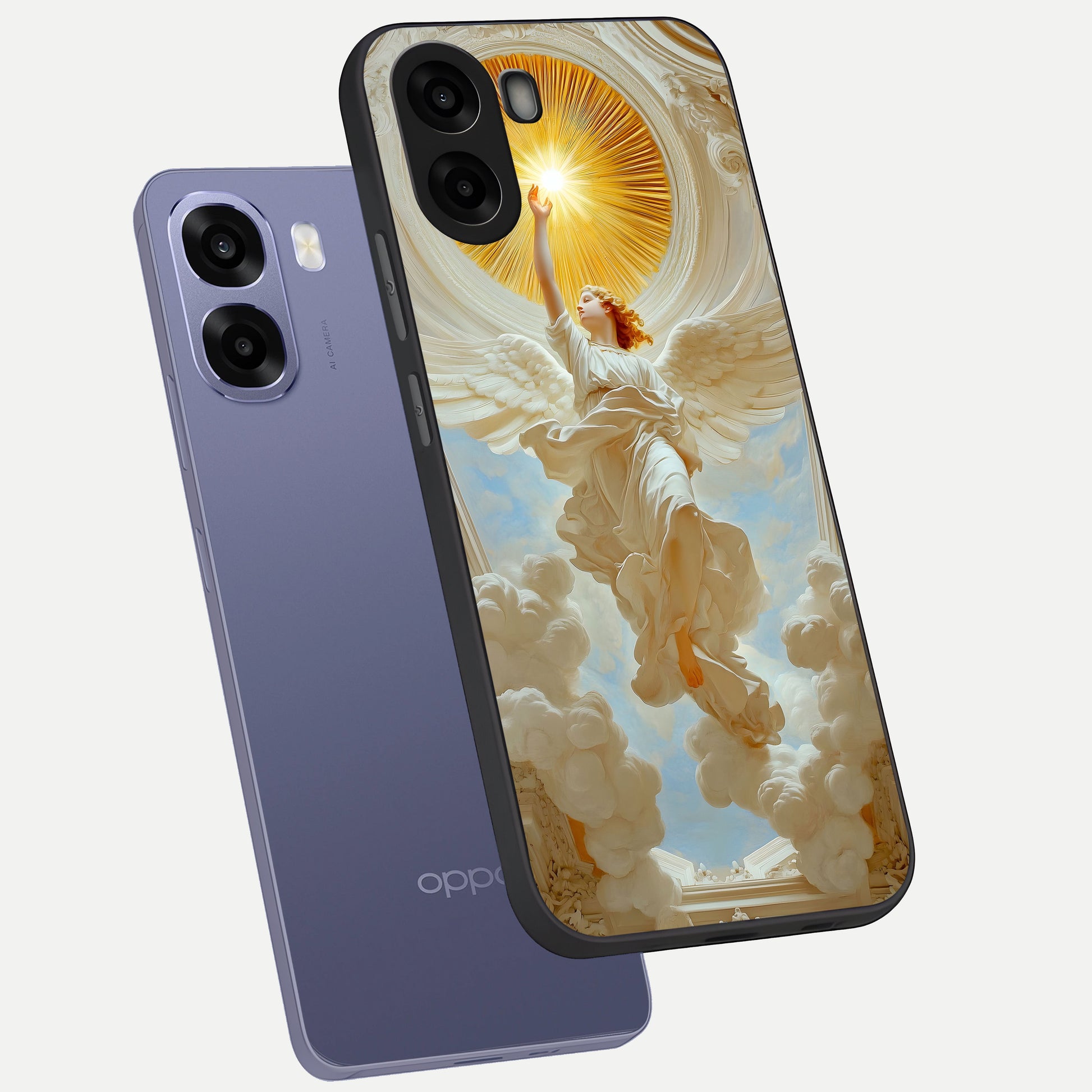  Divine Light Angel phone case For Oppo A6s showing premium glass back cover with detailed artwork